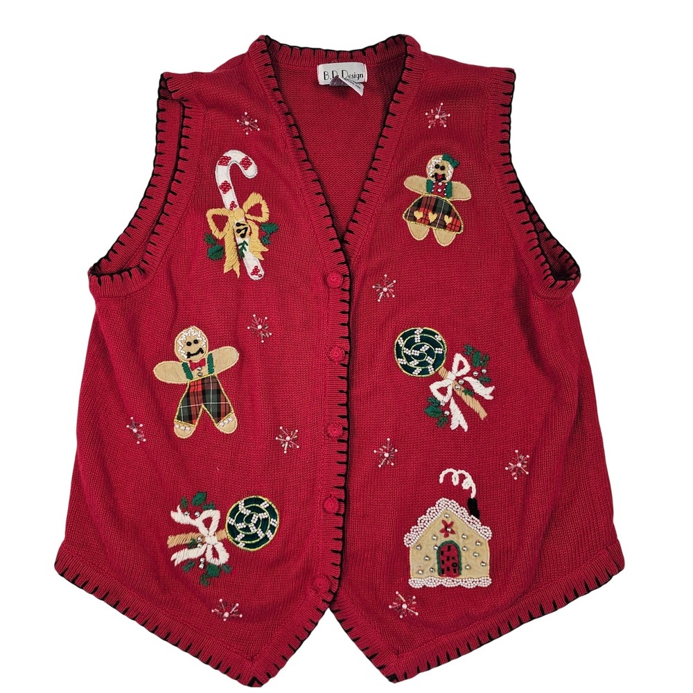 B.P. Design Red Christmas Sweater Vest Gingerbread Candy Cane Beaded Womens XL‎